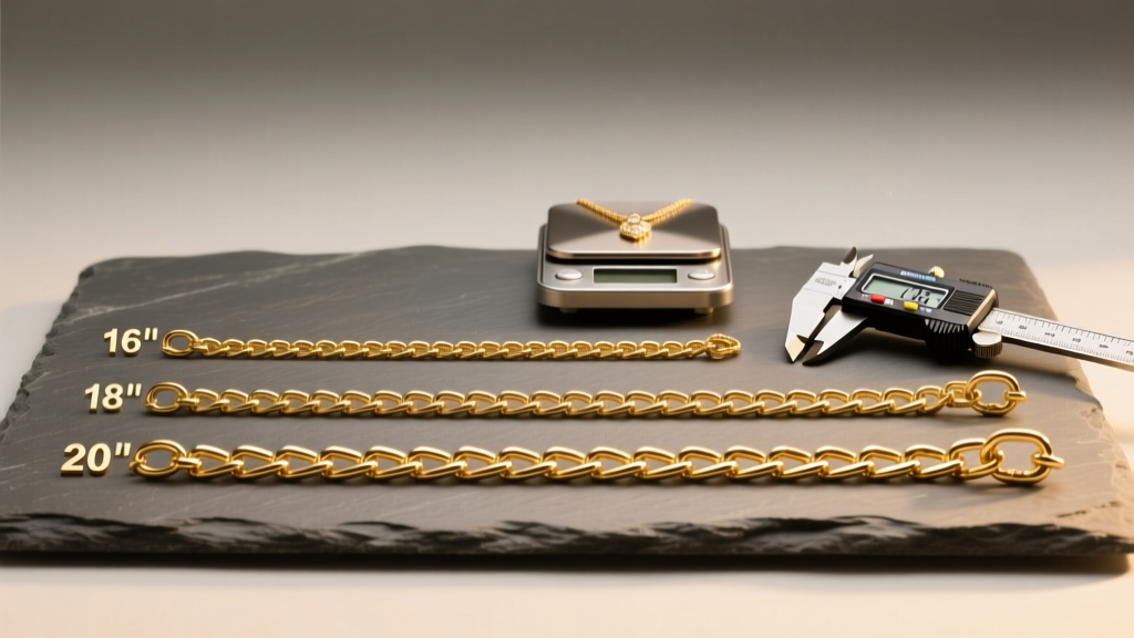 Three gold chains of 16, 18, and 20 inches on slate, next to a digital caliper and jewelry scale under soft warm studio lighting.