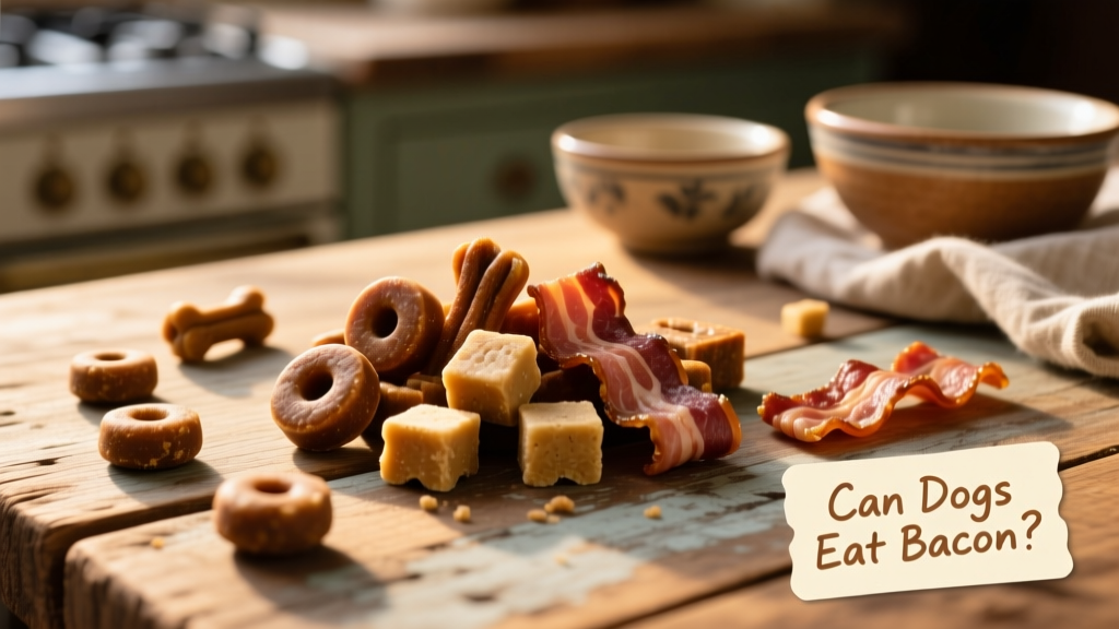 A variety of safe, bacon-flavored dog treats arranged on a wooden surface