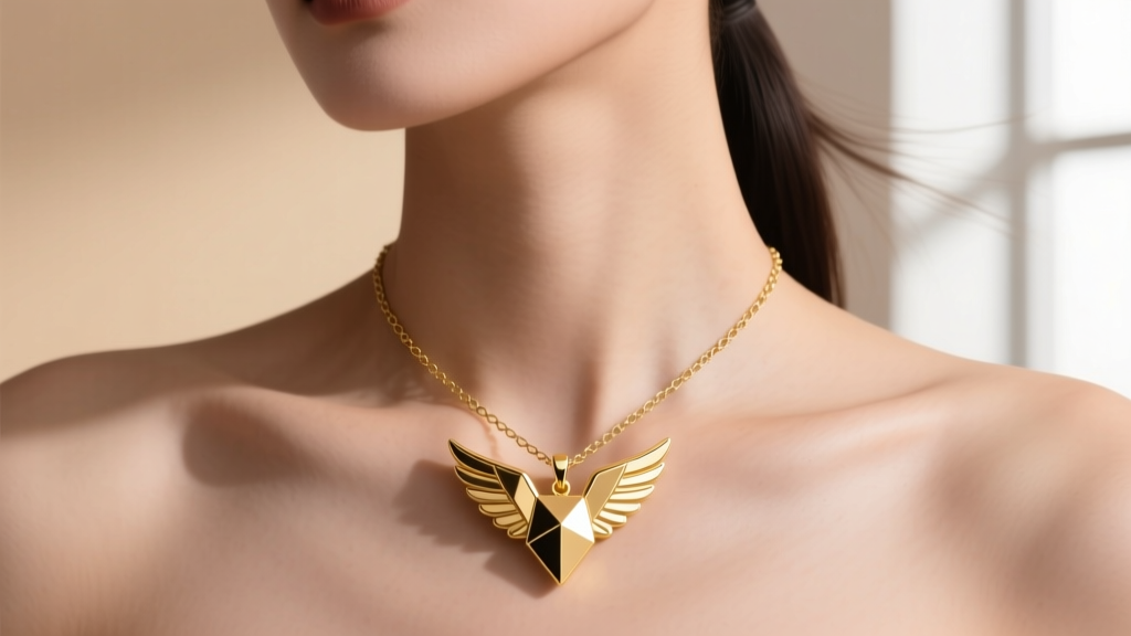 Minimalist geometric single gold angel wing pendant hanging from a delicate 1.2mm box chain, resting on a woman's collarbone.