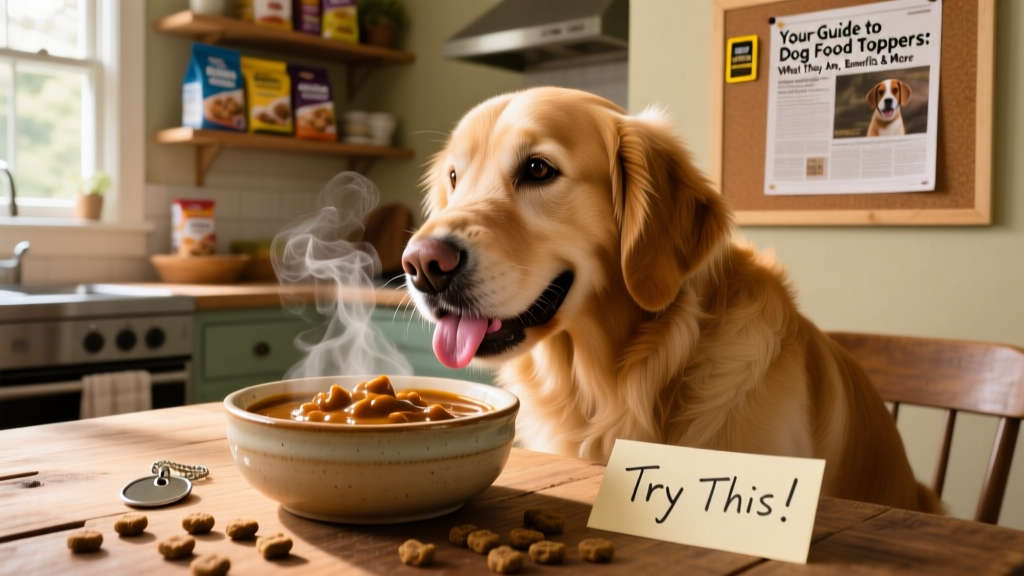 Dog happily licking a spoonful of savory gravy-style topper from a bowl