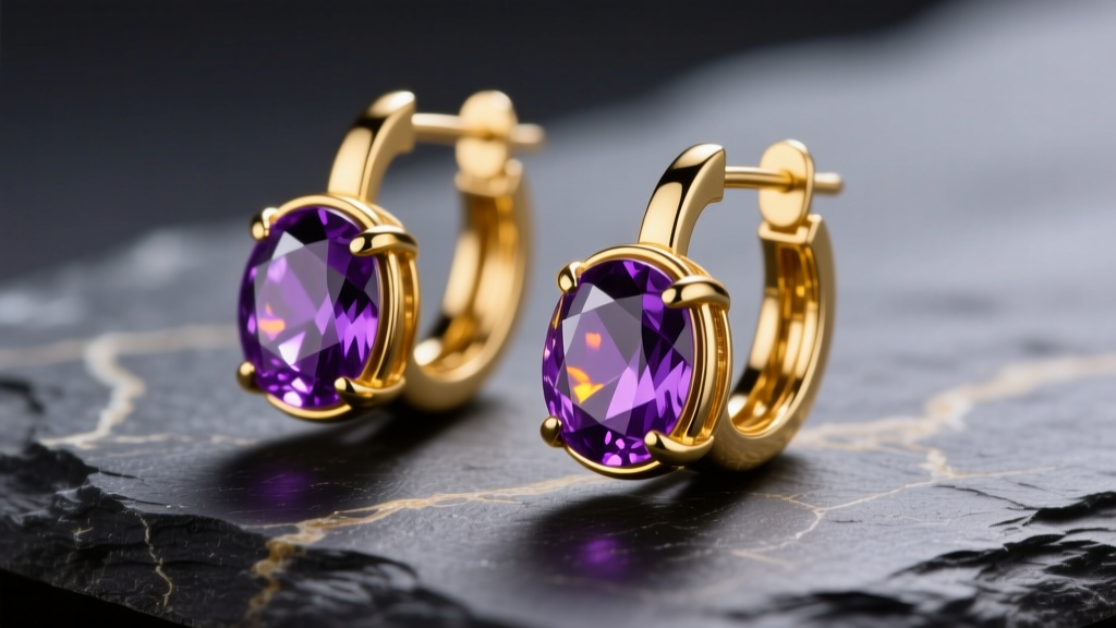 Close-up of 14k yellow gold amethyst hoop earrings with deep purple Zambian stones on dark slate under soft studio lighting.