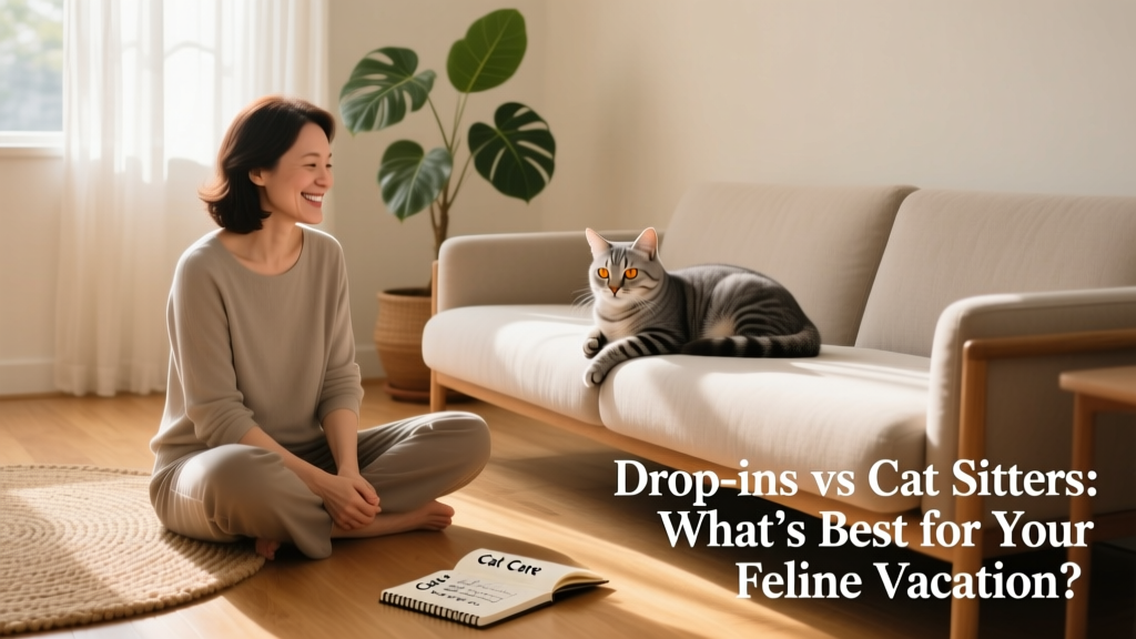 a person sitting on the floor beside a couch, smiling at a gray tabby cat resting on the couch