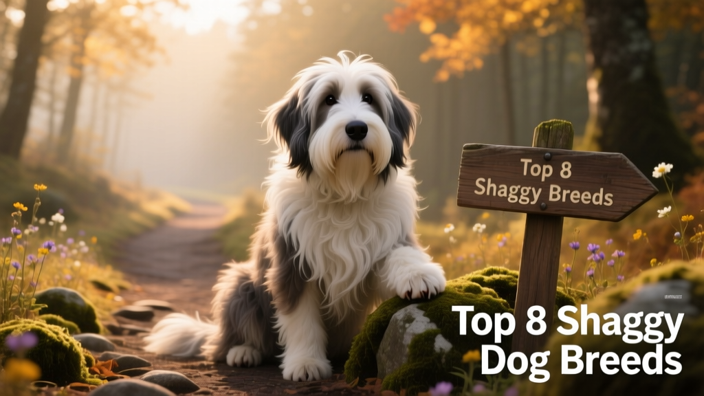 A Bearded Collie with a full, shaggy beard and expressive eyes sitting beside a hiking trail