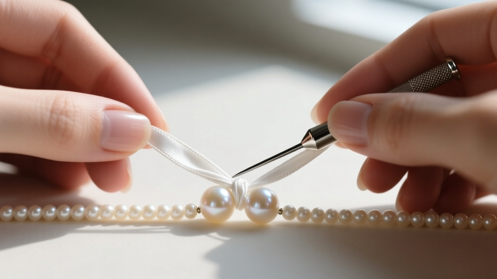Hands using a fine steel beading awl to tighten a white silk knot between two cream-colored freshwater pearls on a bead board