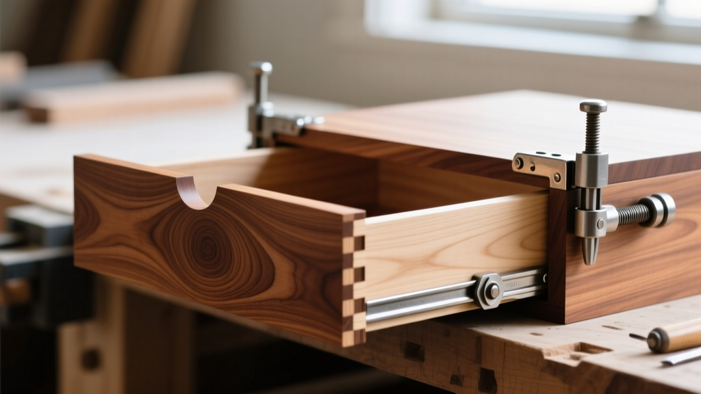 Workbench close-up showing a figured maple jewelry box drawer with half-blind dovetails and clamps securing the corner joints.
