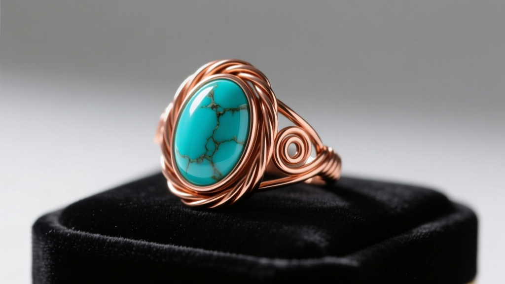 A shiny, polished 14-gauge copper wire-wrapped ring with a smooth turquoise cabochon, displayed on a dark velvet jewelry pad.