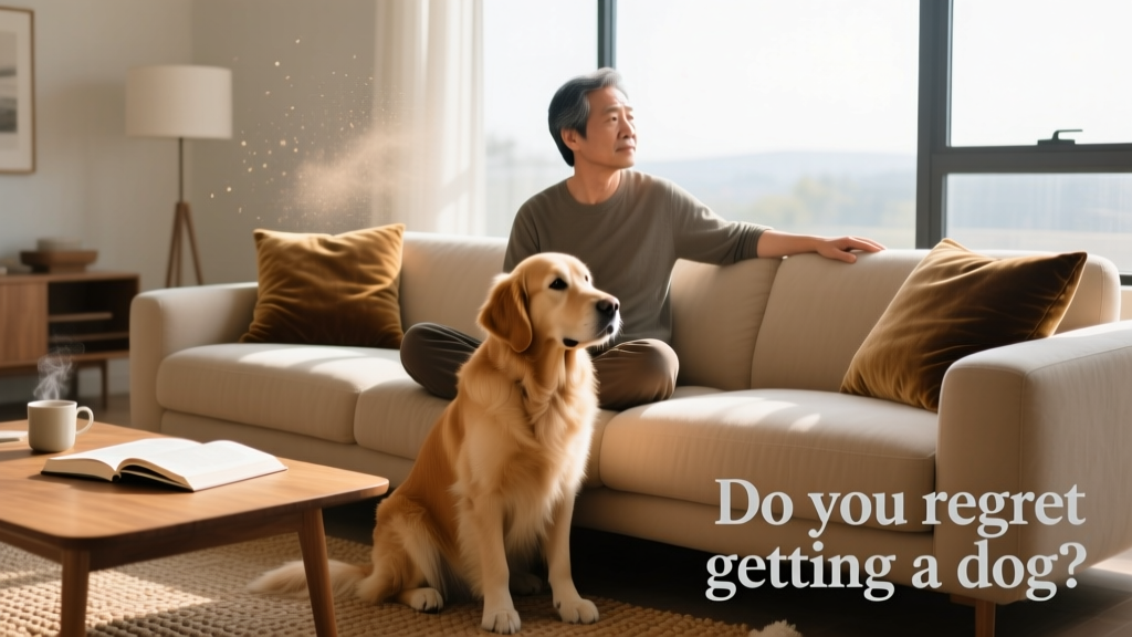A person sitting thoughtfully beside a calm, seated dog in a sunlit living room