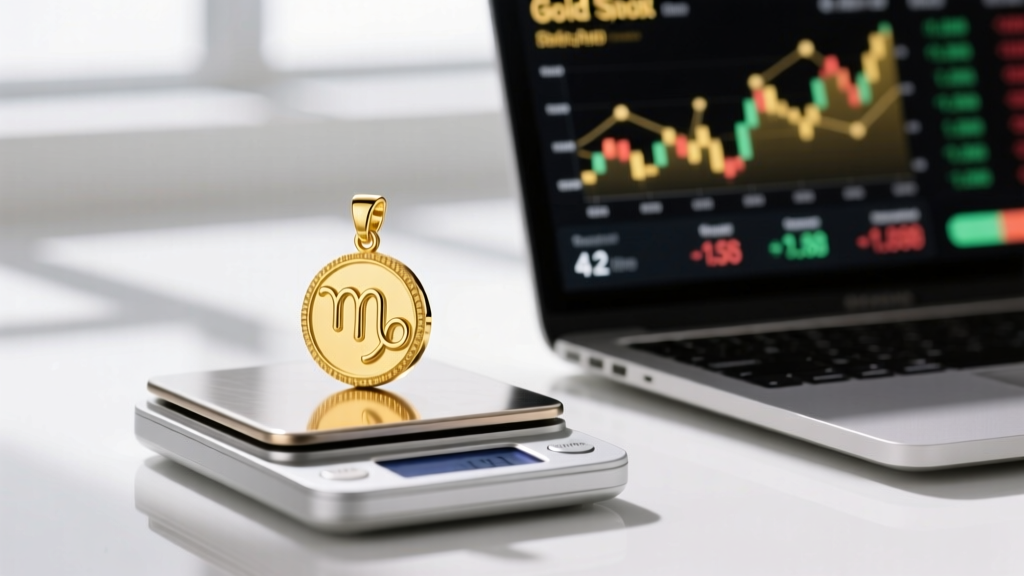 Digital scale weighing a 4.2 gram solid 18k yellow gold Virgo pendant, beside a blurred laptop showing live gold spot prices