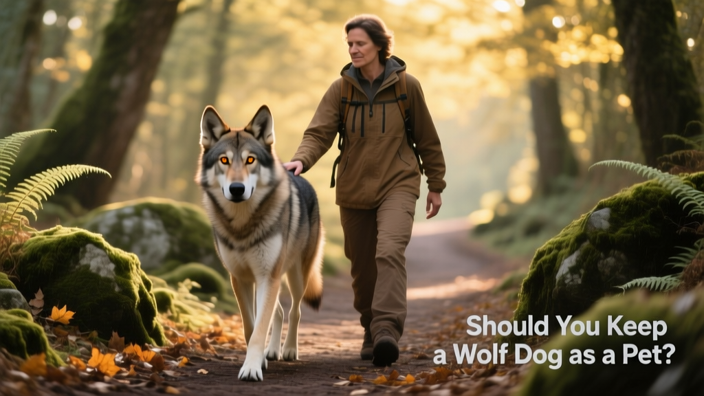 A calm, focused wolf dog walking beside its owner on a forest trail, both engaged and relaxed
