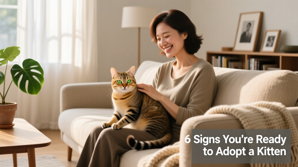 A smiling person holding a calm, content kitten while sitting on a couch