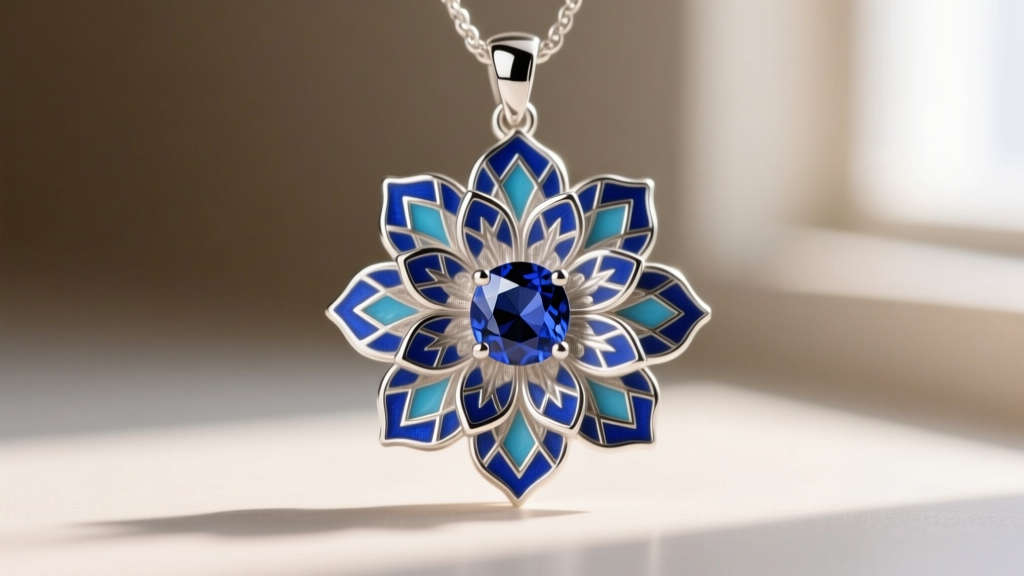 Macro shot of a sterling silver dahlia pendant with vibrant blue guilloché enamel petals and a sapphire center in natural light