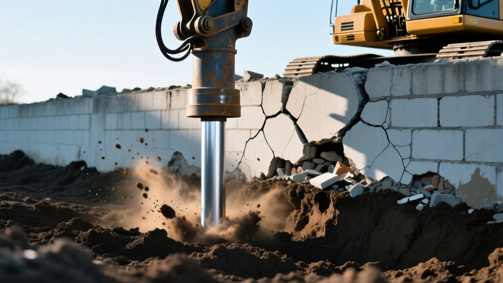 Hydraulic equipment driving a galvanized steel push pier into dark clay soil beside a cracked residential concrete block foundation wall.