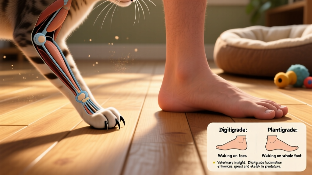 Side-by-side comparison of digitigrade (cat) and plantigrade (human) foot anatomy, highlighting toe-walking vs. flat-footed posture
