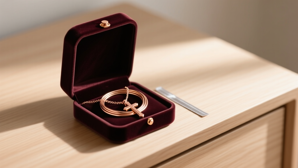 Open velvet box showing a neatly coiled rose gold cross necklace stored with an anti-tarnish strip on a light wooden dresser top.