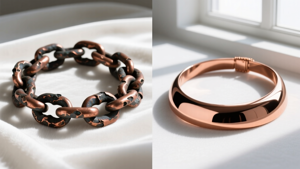 Split image showing raw uncoated copper chain with dark patina next to a glossy lacquer-sealed copper necklace on white velvet.