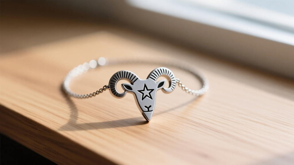 Flat lay of a matte titanium zodiac sign necklace with a laser-engraved Aries constellation on a light oak wooden surface.