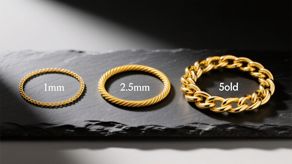 Three yellow gold cable chains laid on dark slate: a delicate 1mm, a standard 2.5mm, and a bold 5mm chain shown side-by-side