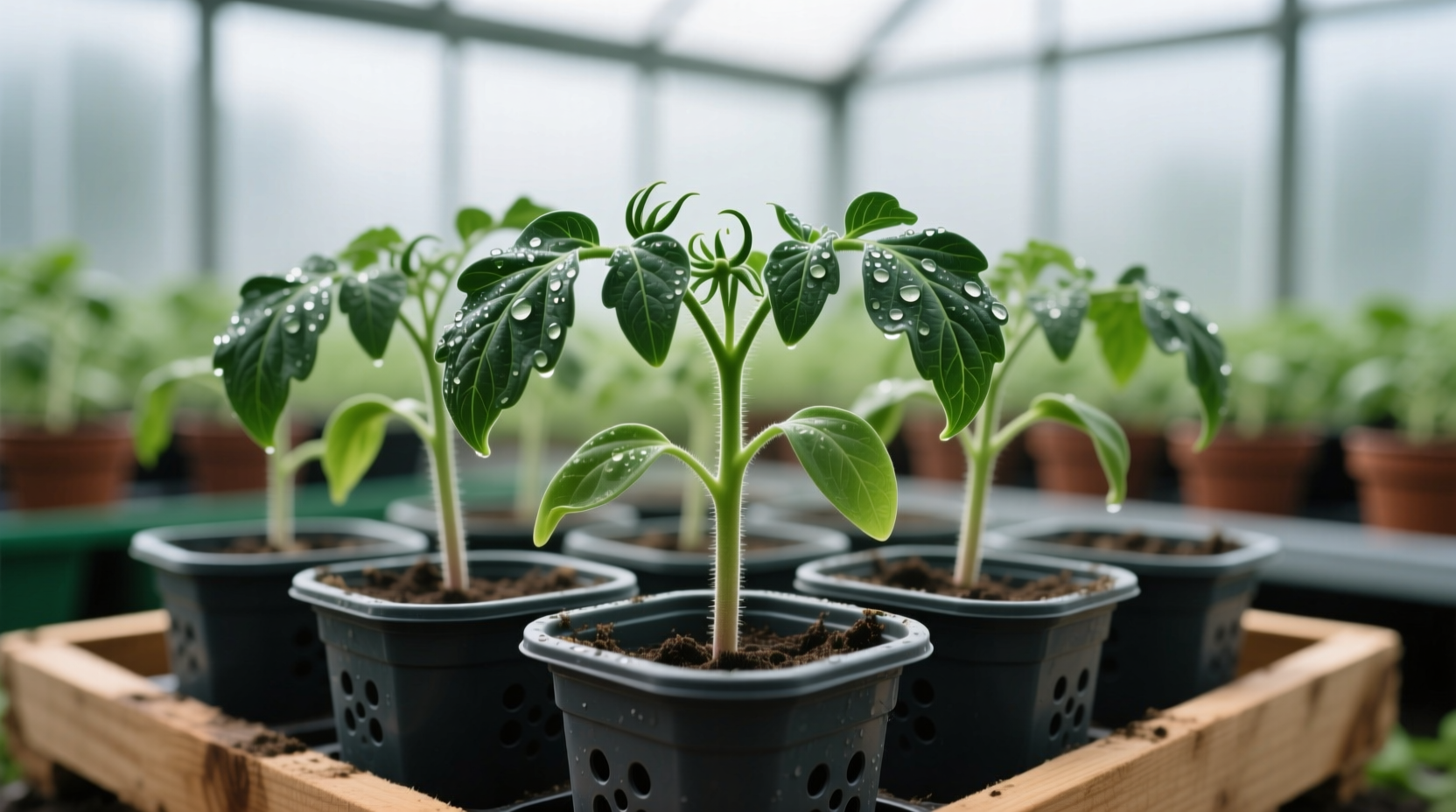 Healthy tomato seedlings with dark green leaves in nursery pots