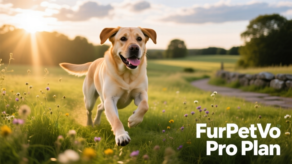 A vibrant, healthy adult dog running confidently through a sunlit meadow, showcasing vitality and muscle tone—representing the results of optimal nutrition from FurPetVo Pro Plan