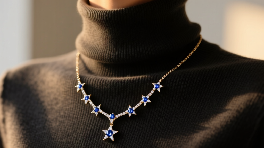 14k white gold constellation necklace of passage with sapphire stars layered over a dark cashmere turtleneck in soft warm lighting