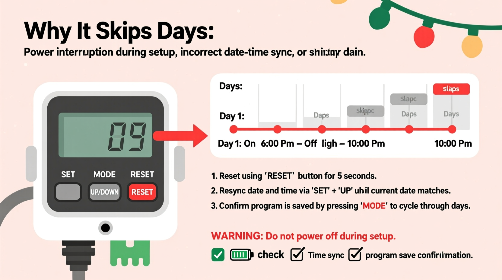 why is my programmable christmas light timer skipping days and how to recalibrate it