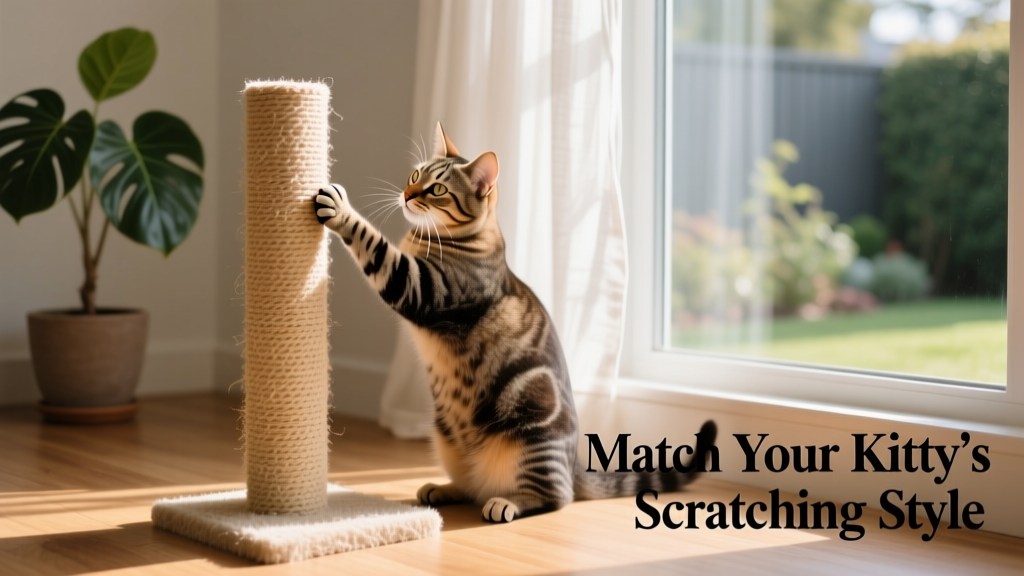A cat confidently scratching a tall sisal post beside a sunny window