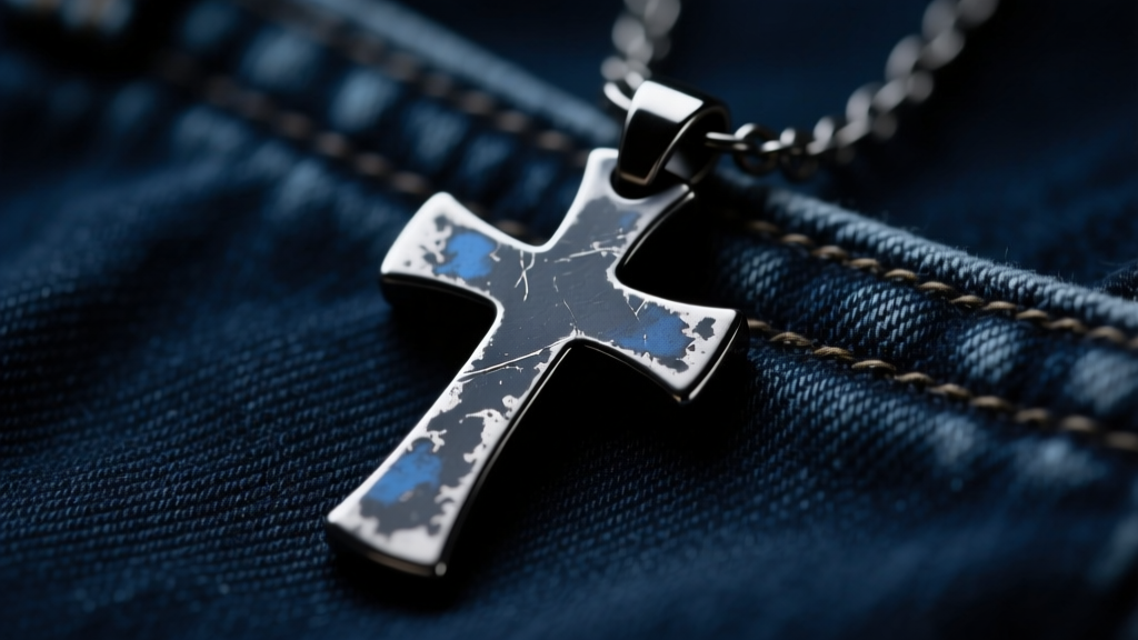 Close-up of a weathered matte black stainless steel Black Sabbath cross pendant on dark denim, moody studio lighting