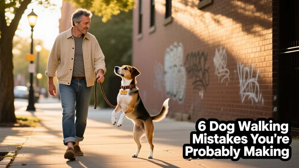 A dog walker making eye contact with their dog while pausing on a quiet sidewalk