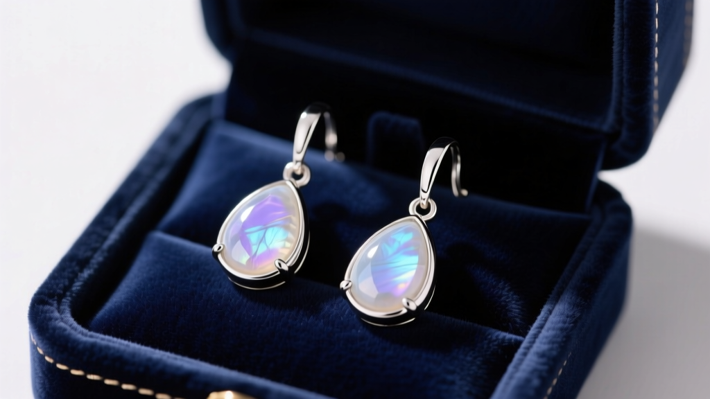 Open velvet box revealing polished 925 sterling silver drop earrings with teardrop moonstones under soft, warm lighting.