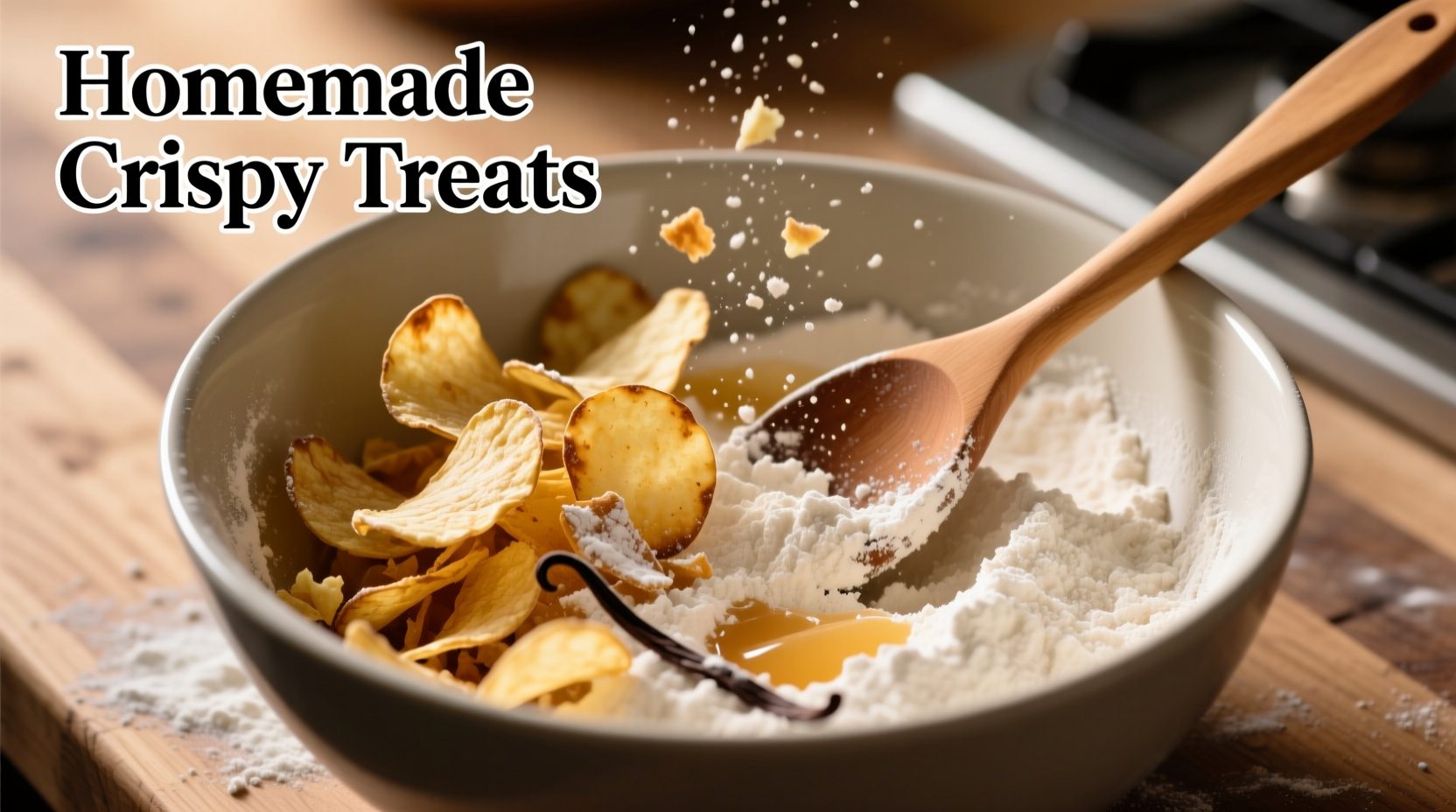 Crushed potato chips in mixing bowl with baking ingredients