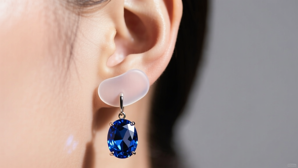 Close-up of clear silicone earring support patch applied behind an earlobe to prevent sagging from a heavy gemstone drop earring