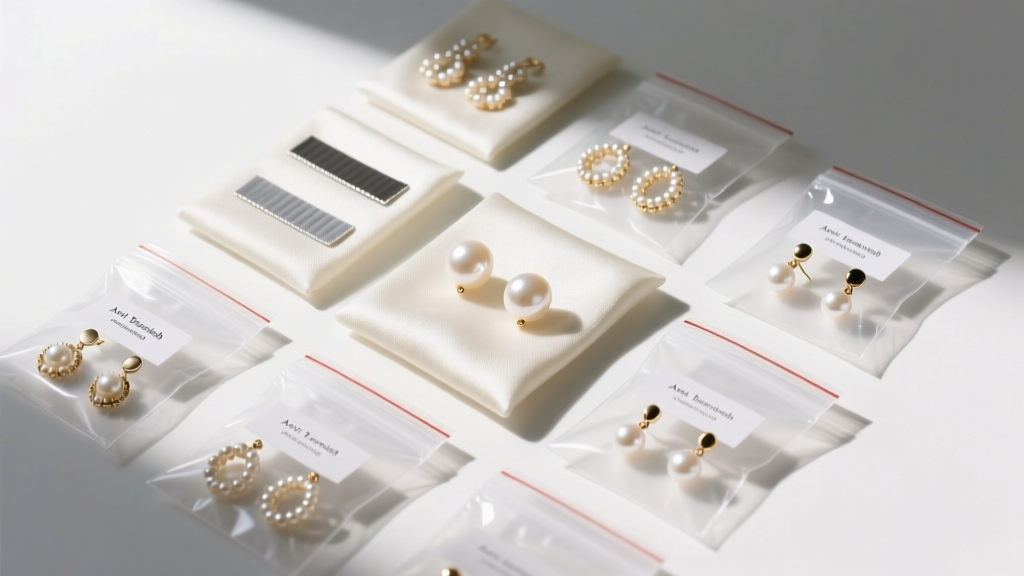 Flat lay of jewelry storage featuring anti-tarnish strips, small ziplock bags, and pairs of delicate seed bead and pearl earrings.