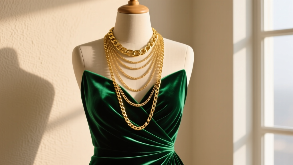 24-inch gold figaro chain on a mannequin in an emerald velvet wrap dress, highlighting formal evening jewelry styling and layering