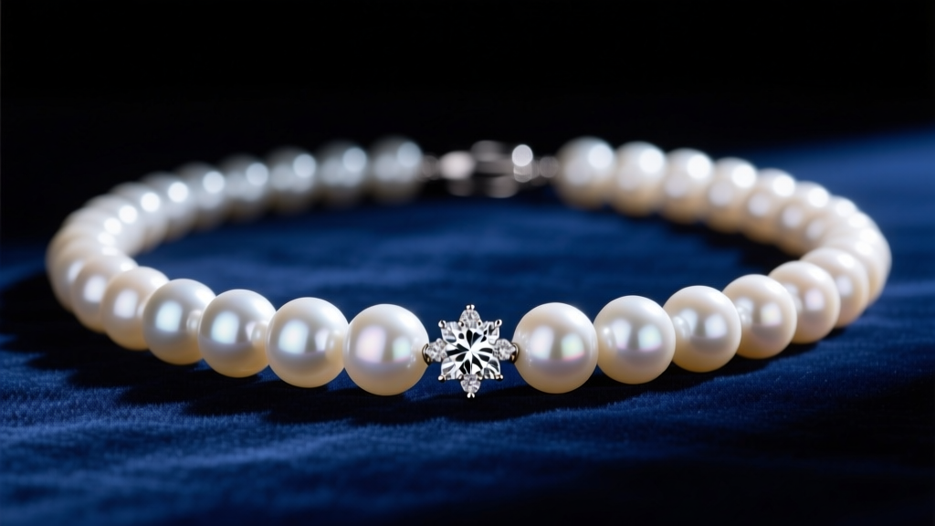 High-end South Sea pearl necklace on dark blue velvet, showing thick lustrous nacre and a diamond clasp in soft light.