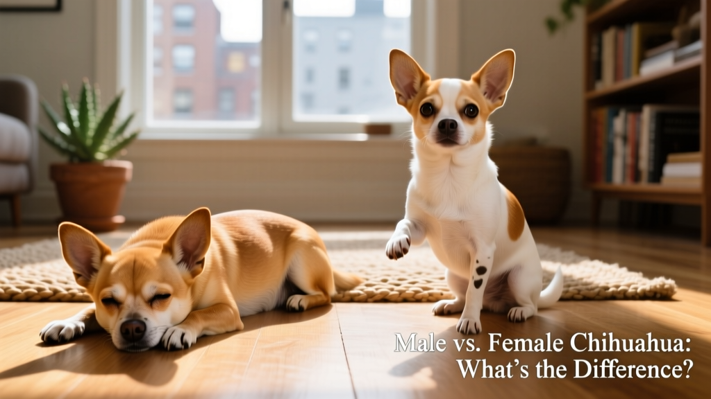 Side-by-side comparison of a calm male Chihuahua resting and an alert, curious female Chihuahua sitting upright