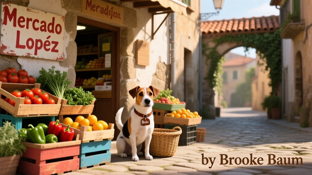 A rustic Spanish village street with colorful produce bins outside a small grocery store