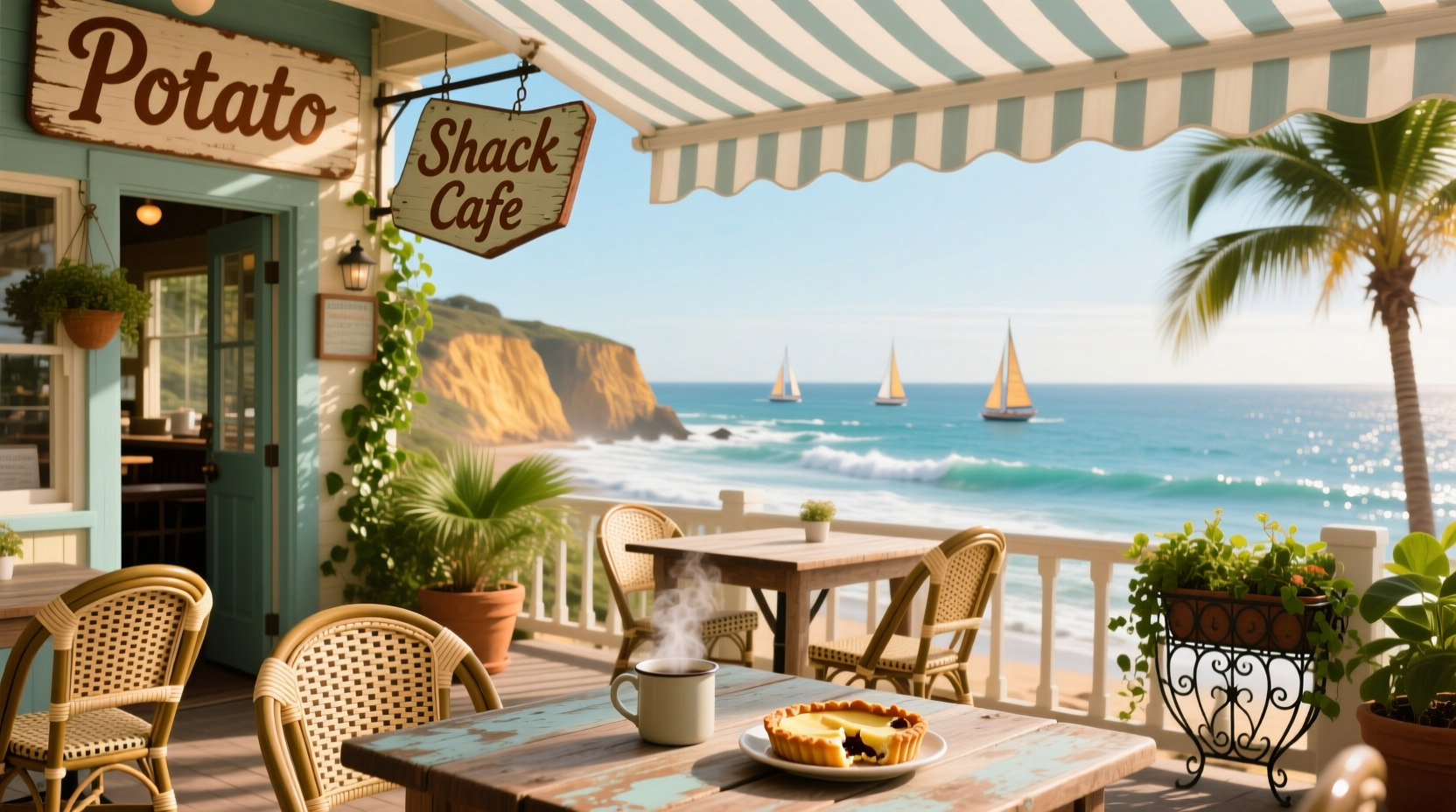 Potato Shack Cafe outdoor seating with ocean view