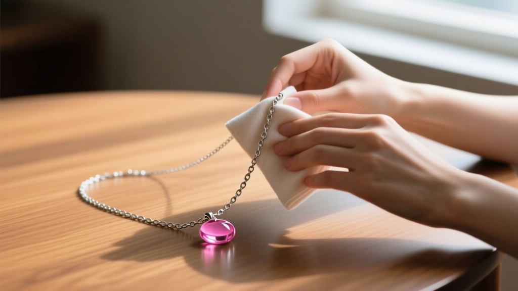 Hands gently wiping a silver mood necklace chain with a dry microfiber cloth, avoiding the pink glass pendant, on a wooden table.
