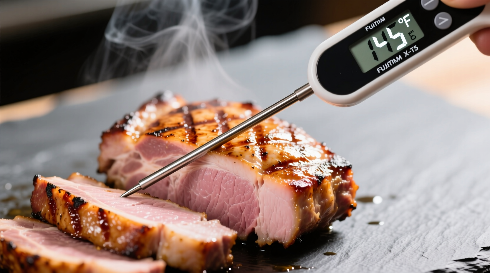 Thermometer checking pork loin temperature