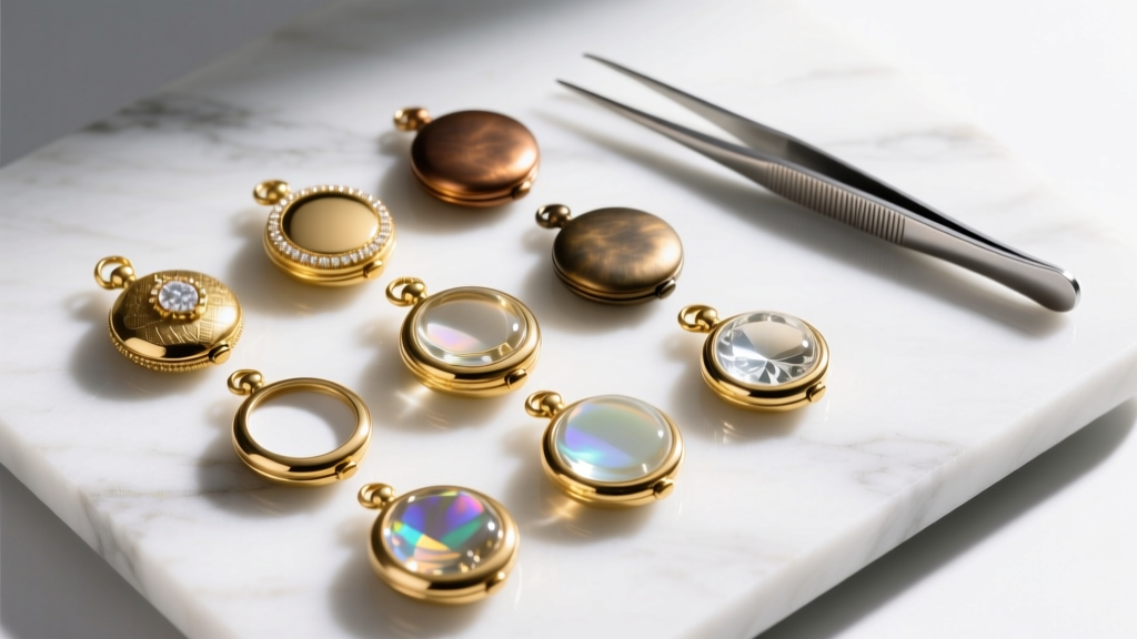 Overhead flat-lay of glass locket bezels in gold-filled and oxidized brass, alongside glass cabochons and tweezers on marble