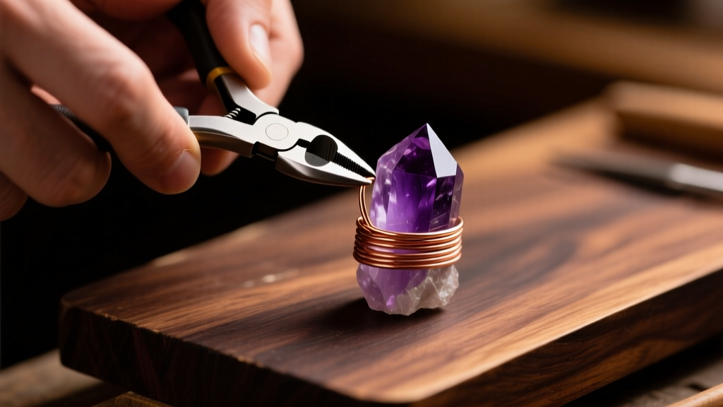 Hands using nylon pliers to bend copper wire around a raw amethyst crystal on a dark wood workbench under warm studio lighting.