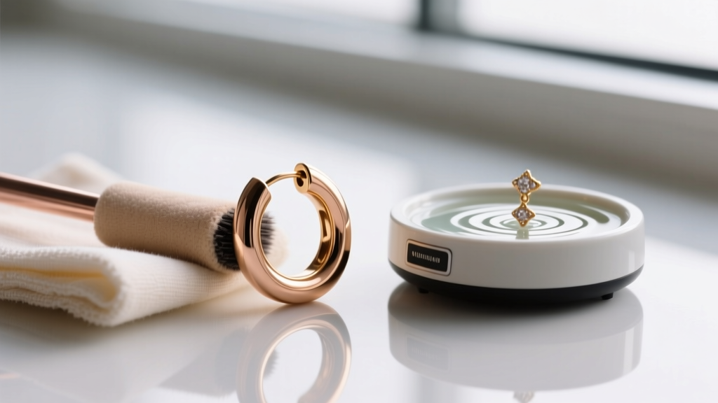 Polishing cloth buffing a tarnished 10k rose gold huggie earring, resting beside a small ultrasonic jewelry cleaner basin.