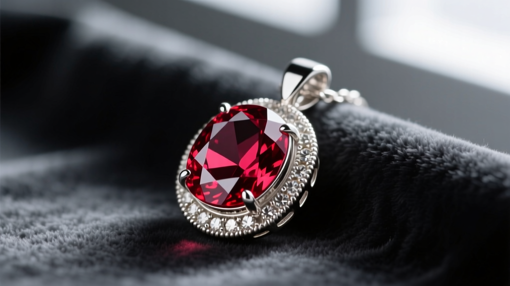 Macro photography of a deep red rhodolite garnet pendant set in highly polished argentium silver, resting on dark charcoal velvet
