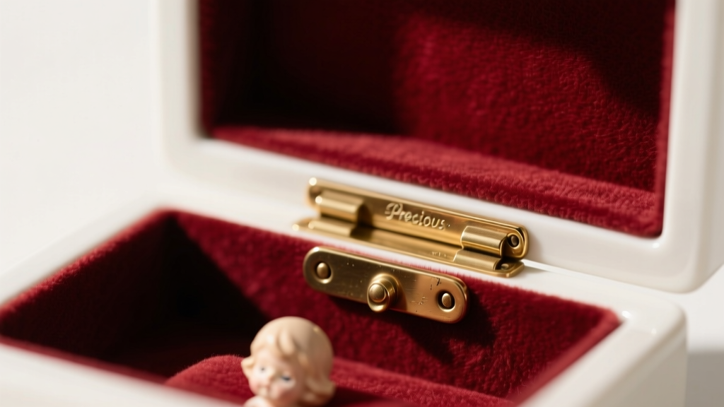 Close-up of brass hinge and plush burgundy felt lining inside a white ceramic Precious Moments jewelry box, highlighting texture