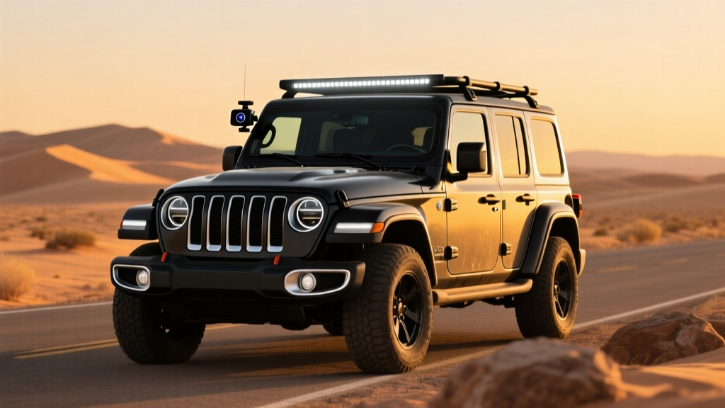 Modified Jeep Wrangler with LED light bar on roof rack and BlackVue dash cam mounted on windshield during golden hour