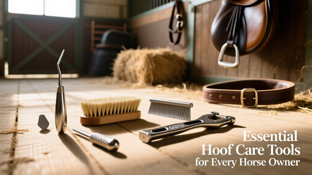 Assortment of essential hoof care tools laid out on a clean stable floor: hoof pick, brush, rasp, and nail puller