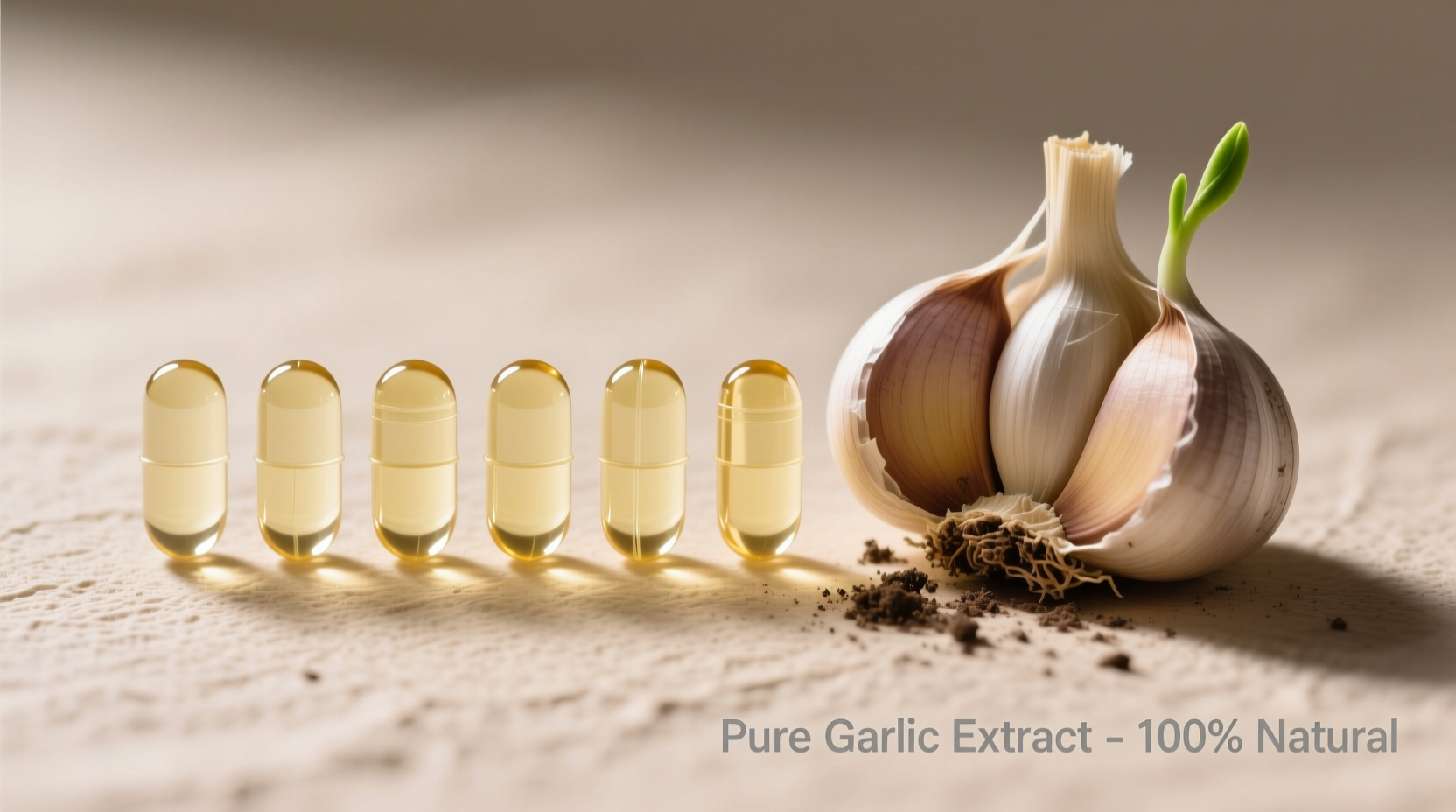 Garlic supplement capsules next to fresh garlic cloves