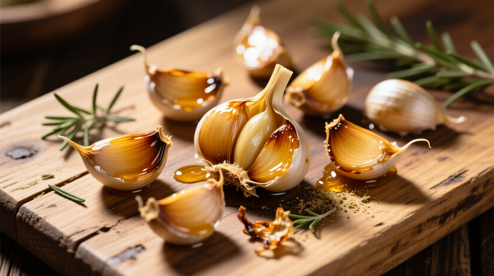 Golden roasted garlic cloves on wooden board