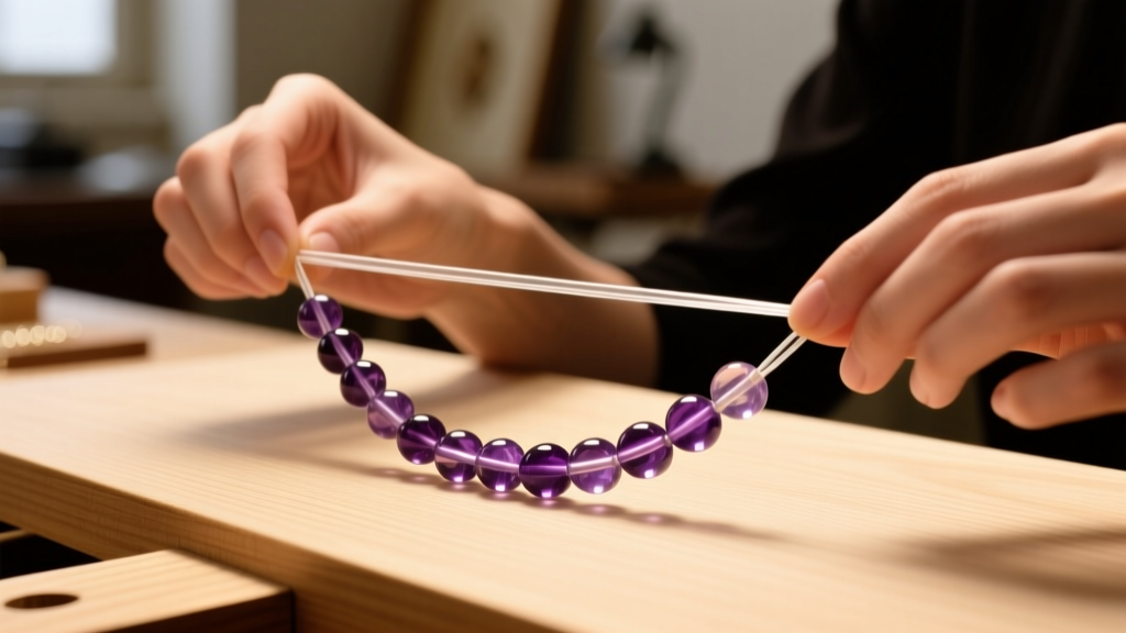 Hands stretching clear 0.8mm elastic cord, with 8mm amethyst beads on a wooden jewelry workbench under warm studio lighting.