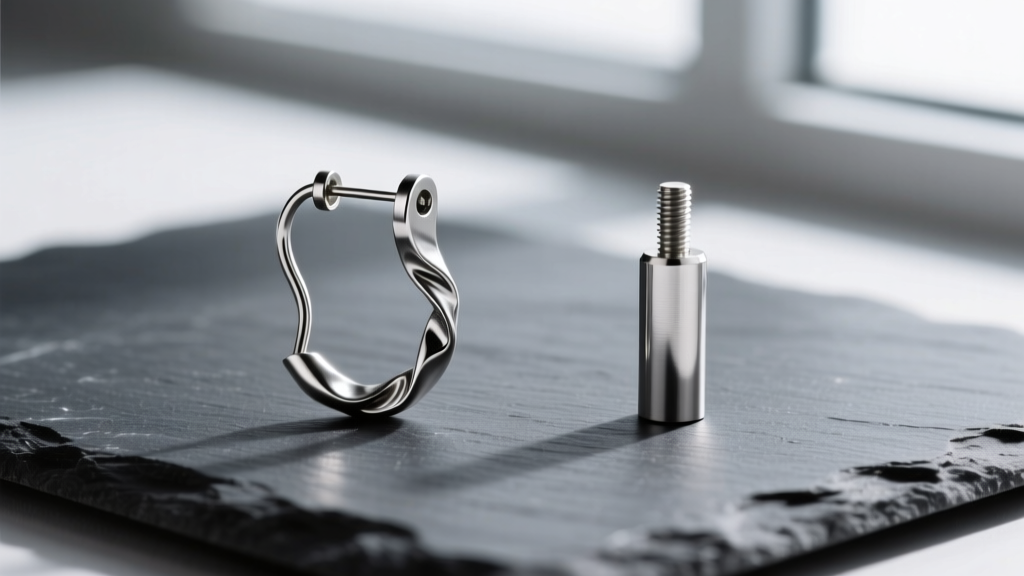 Photo comparing a bent 22-gauge steel earring stick next to a rigid 16-gauge titanium post on a dark slate surface.